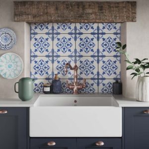 A Kitchen tile display for Verona Group featuring blue pottery style prints