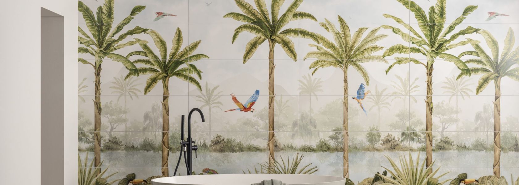 A bath with a tropical scene in the background wall covering