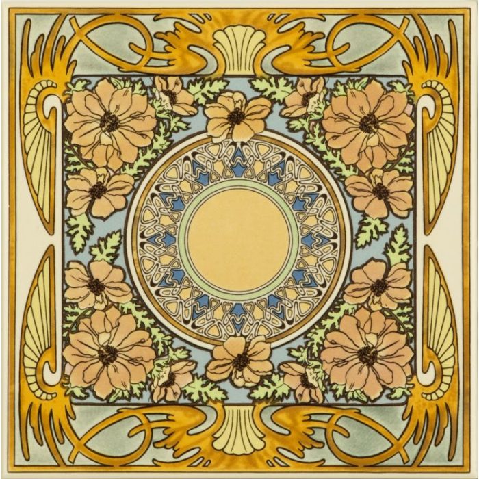 Alphonse Mucha Evening Reverie Single Floral Tile on County White