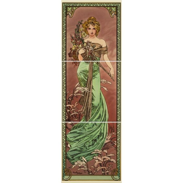 Alphonse Mucha Spring Left Hand Set 3 bathroom tiles on County White