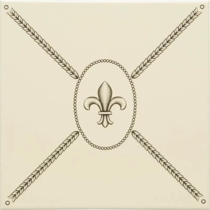 Cartouche with Fleur de Lis Charcoal Grey on County White