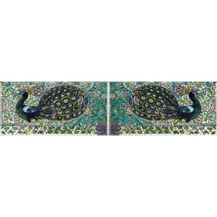 William De Morgan Peacock Border 2-Tile Set on White