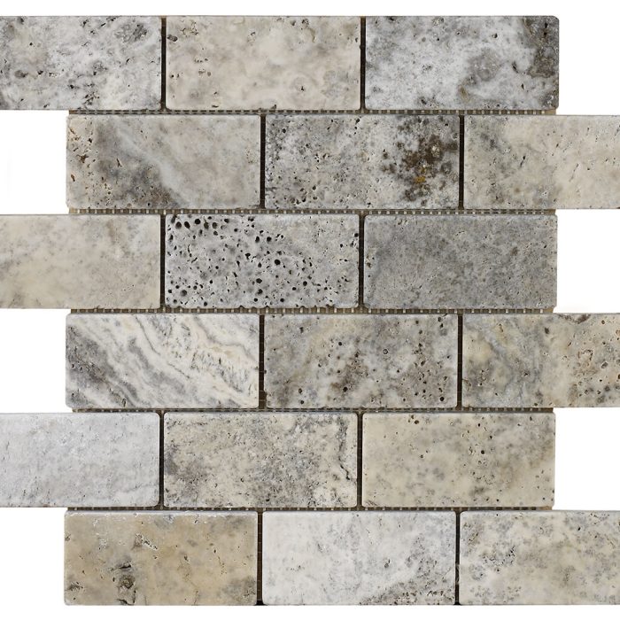 Silver Grey Travertine Brick Mosaic 50x100mm