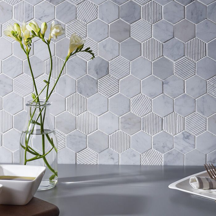 Fog Stone Hexagon Mixed Finish Marble Mosaic 48x48mm