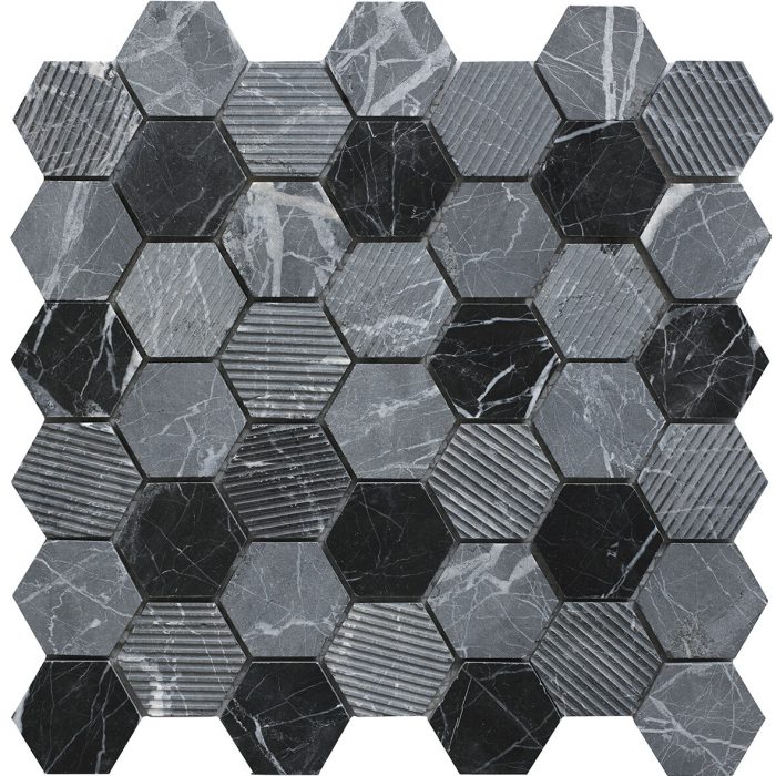 Midnight Stone Hexagon Mixed Finish Marble Mosaic tile